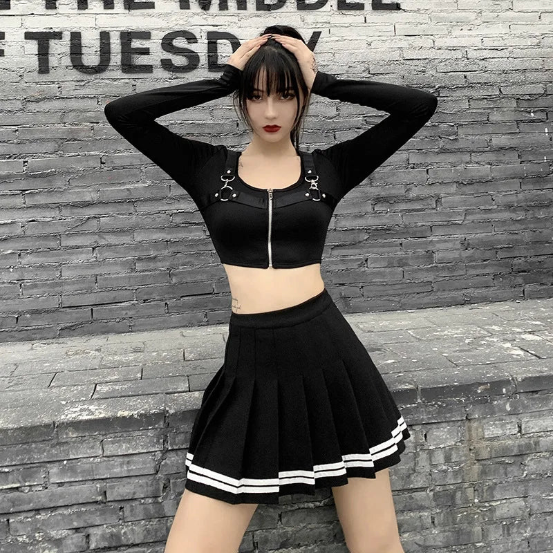 Vintage Korean Style Patchwork Skirt Harajuku JK Black Pleated Skirts Gothic Streetwear High Waist Mini Skirt Women Punk Skirt - Matrix-studios.com