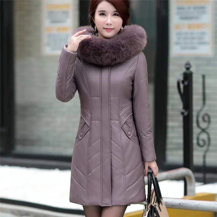 L-8XL Women Leather Coat Winter 2026 Fashion Mother Jacket Thicken Warm Outerwear Fur Collar Hooded Sheepskin Overcoat Female - Matrix Studios