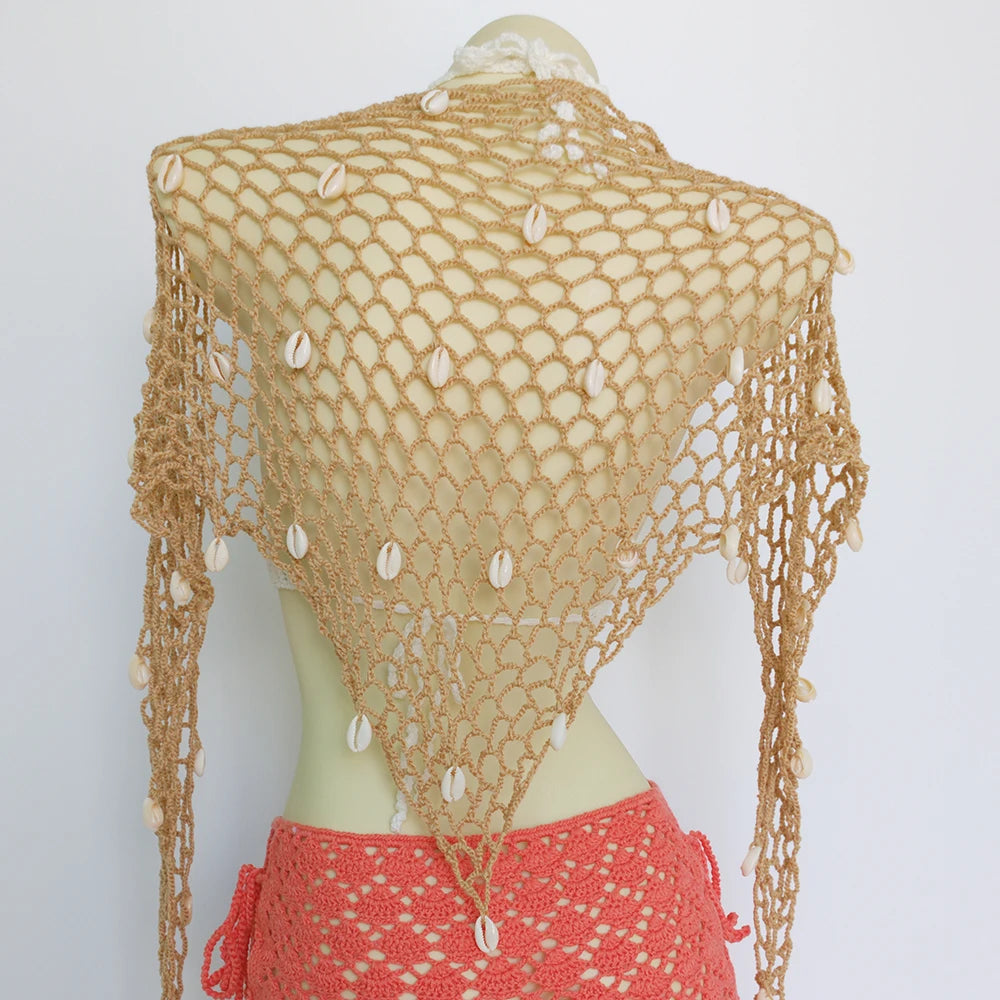 Women Triangle Shawl With Seashell Sexy Bikini Cover Up Sunscreen Nets Skirt Mesh Tunic Pareo Beachwear - Matrix Studios