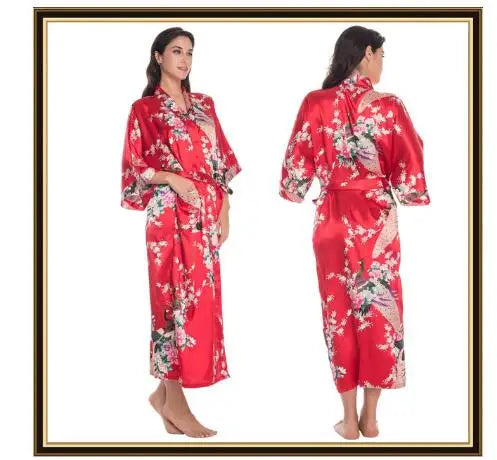 Half Sleeve Loose Style Woman Japanese Kimono Satin Silk Sleepwear Pajamas Peacock Spa Yukata Bathing Robe Lady's Long Dress - Matrix-studios.com