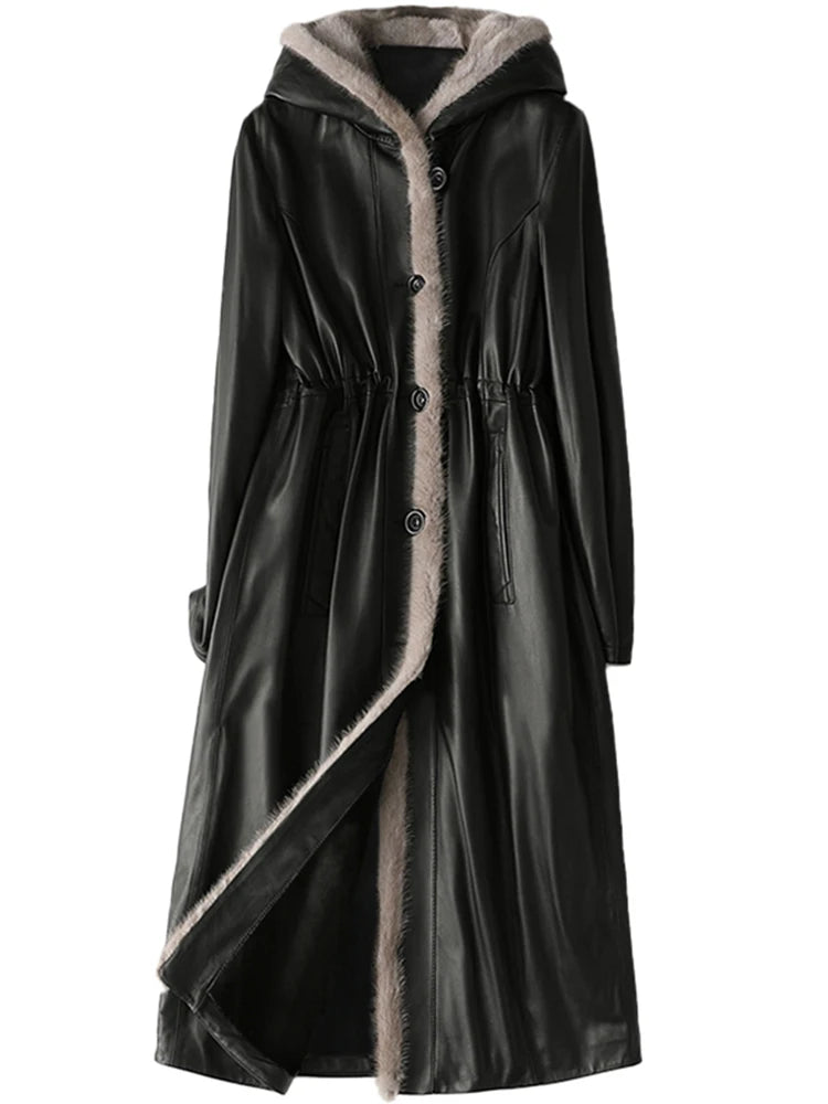 Lautaro Winter Long Warm Thick Black Leather Coat Women with Fur Inside Elegant Luxury Faux Fur Lined Jacket Parka Fashion 2021 - Matrix Studios