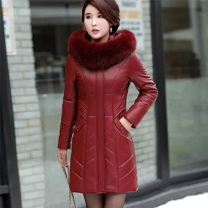 L-8XL Women Leather Coat Winter 2026 Fashion Mother Jacket Thicken Warm Outerwear Fur Collar Hooded Sheepskin Overcoat Female - Matrix Studios