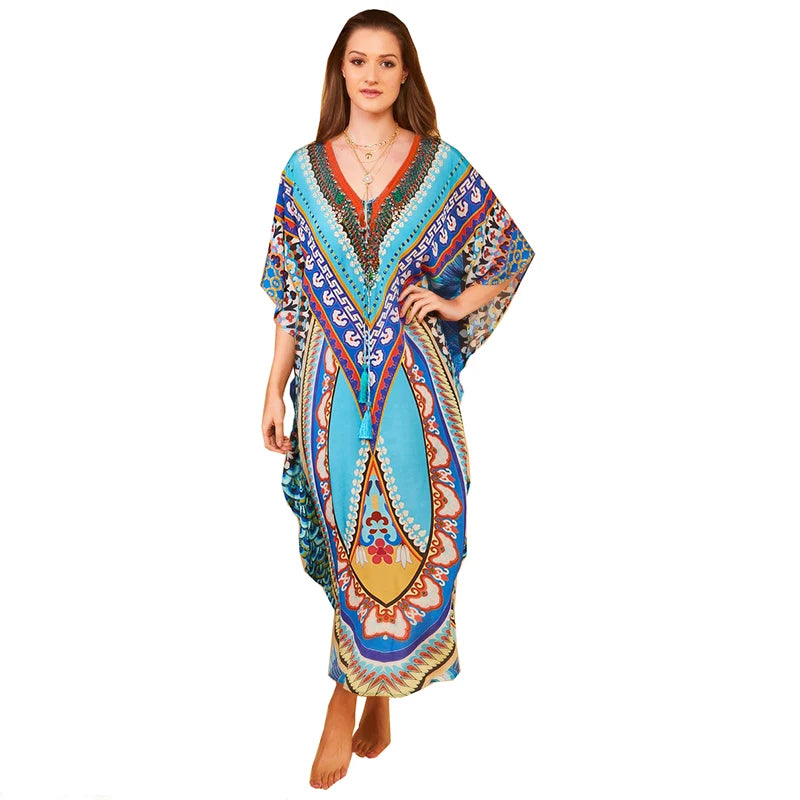 Bohemian Kaftan Beach Tunic Cotton Beach Cover up Saida de Praia Swimsuit Women Bikini cover up Pareo Sarong Beachwear #Q956 - Matrix Studios