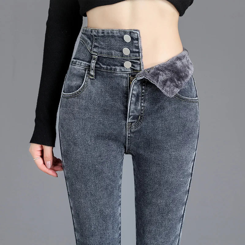 Thermal Winter Thick Fleece High-waist Warm Skinny Jeans Thick Women Stretch Button Pencil Pants Mom Casual Velvet Jeans - Matrix-studios.com