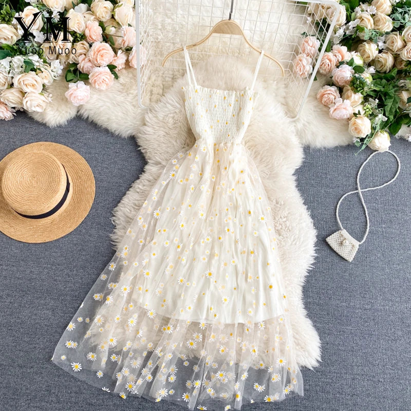YuooMuoo Korean Fashion Daisy Flower Print Mesh Party Dress Summer Two Layers Spaghetti Strap Vacation Midi Dress Beach Vestidos - Matrix-studios.com