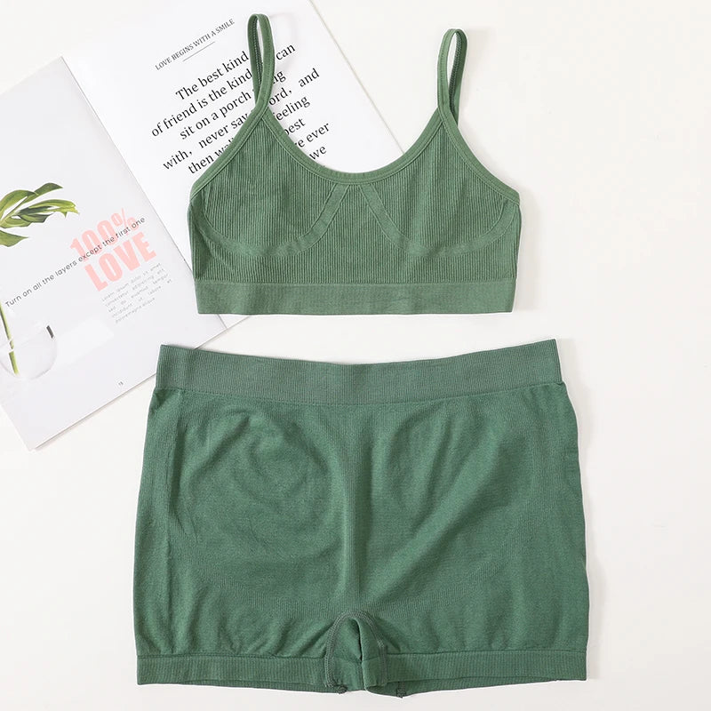 Women Seamless Bra And Panties Set Female Sport V-neck Unlined Bra High Rise Shorts Stretchy Underwear Sexy Lingerie Set - Matrix-studios.com