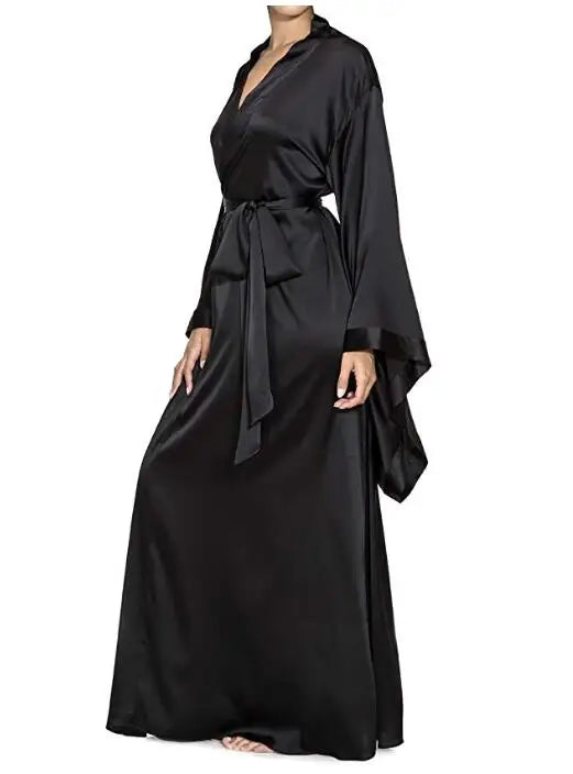 2019 New Solid Robes Women Black Red Long Sleeve Nightgown Ladies Girls Silk Satin Smooth Spring Lace Sleepwear Female Bathrobe - Matrix-studios.com
