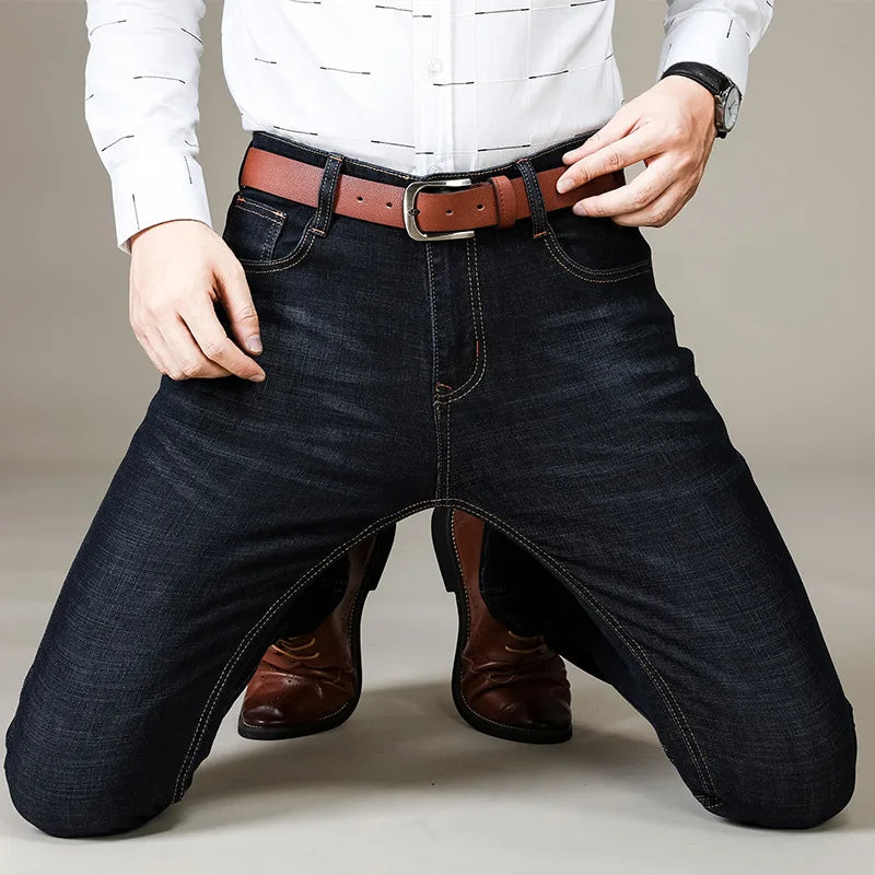 Autumn Classic Men's Fitted Stretch Jeans Business Casual Cotton Denim Straight Leg Pants Male Black Blue Trousers - Matrix Studios