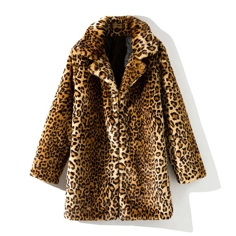 Fashion Women Faux Fur Leopard Print Coat Female Sexy All-Match Mid-Length Suit Collar Warm Outerwear - Matrix Studios