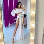2021 Fashion New Women Bikini Beach Cover Up Long Sleeve Off Shoulder Top Cover Up Skirt Two-piece Suit for Robe Plage Beachwear - Matrix Studios
