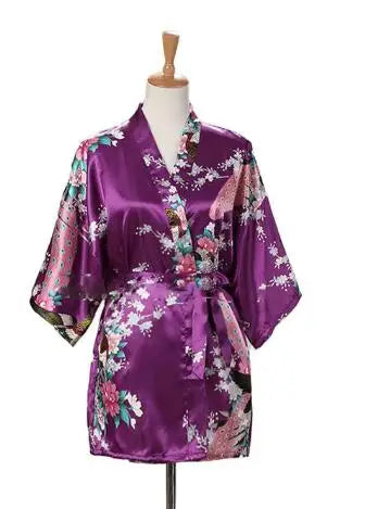 Lace Up Woman Peacock Print Japanese Kimono Yukata Silk Satin Short Style Sleepwear Home Nightgown Bath Robe Costume - Matrix-studios.com