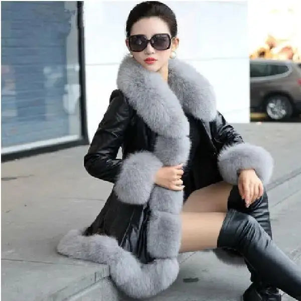 New Fashion Womens Big Faux Fur Coats Fur Collar Leather Mid Long Parkas Winter Female Warm Fur Outwear Beige Coats Clothes - Matrix Studios
