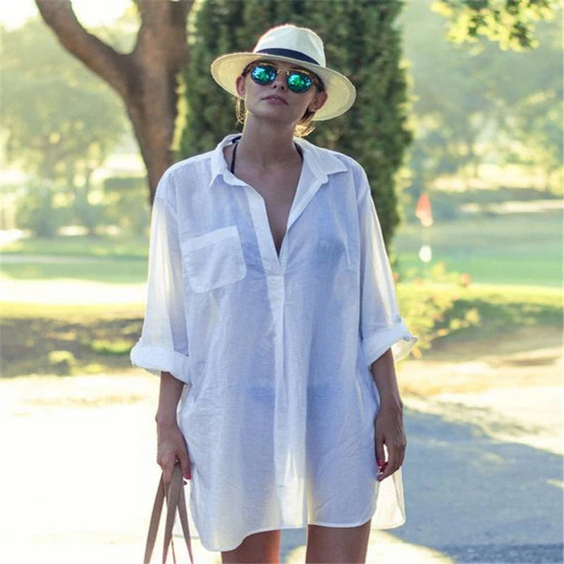 Sexy Beach Cover Up Women Bikini Pocket Swimsuit Cover Up Hollow Out T-shirt White Bathing Suit Cover-Ups Tunics Beachwear Robe - Matrix Studios
