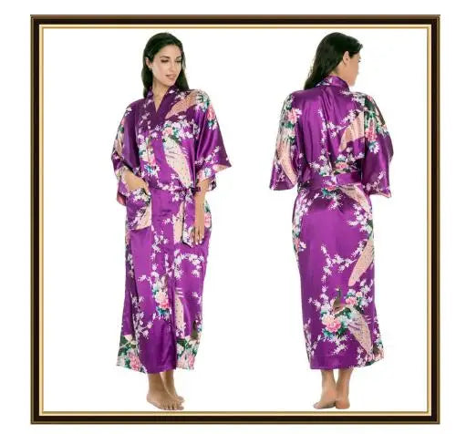Half Sleeve Loose Style Woman Japanese Kimono Satin Silk Sleepwear Pajamas Peacock Spa Yukata Bathing Robe Lady's Long Dress - Matrix-studios.com