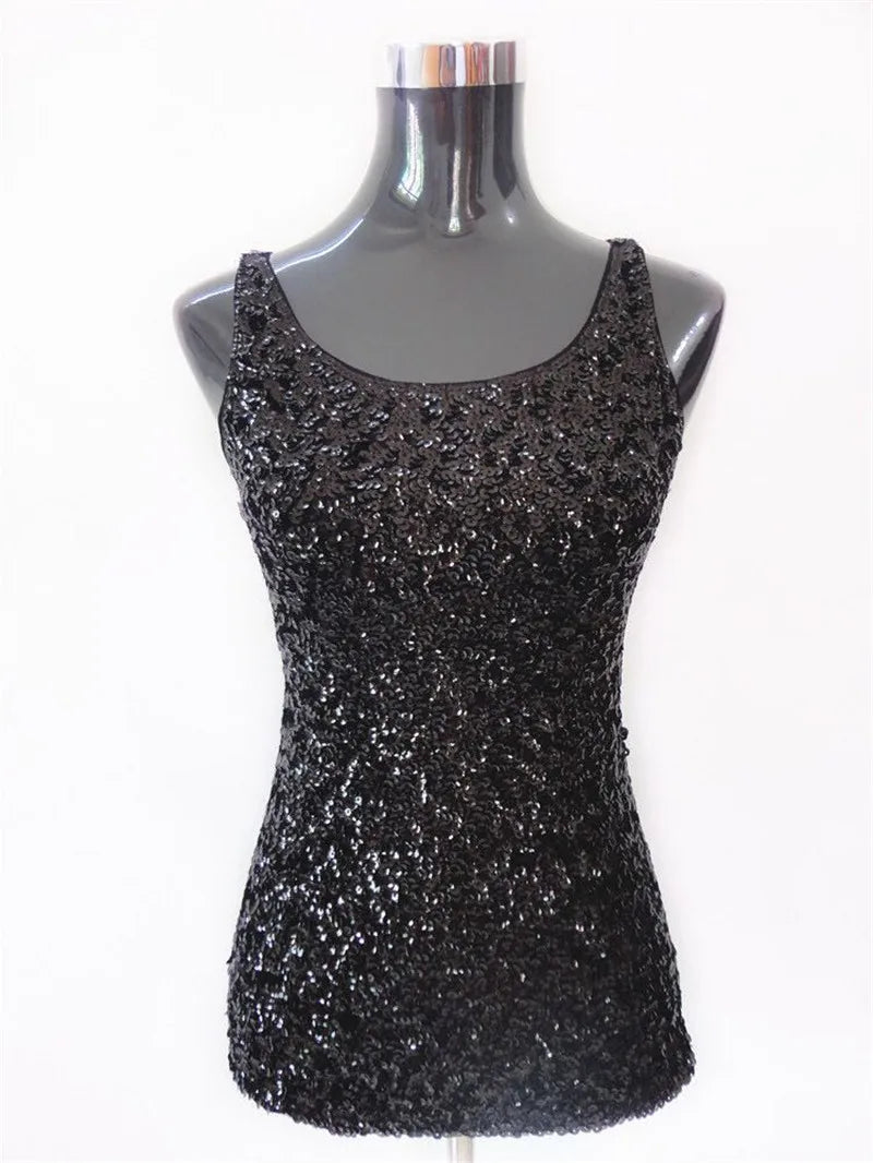 Womens Shine Glitter Sequin Embellished Sleeveless Vest Tank Tops Fashion Style Clothing For Cocktail Party Clubwear - Matrix-studios.com