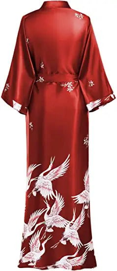 Print Crane Lady Kimono Bathrobe Gown Women Wedding Robe Loose Soft Satin Nightgown Sleepwear V-neck Long Novelty Nightwear - Matrix-studios.com