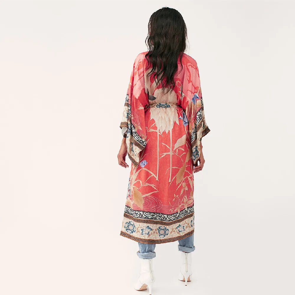 Floal Bikini Cover-ups Pink Boho Print Self Belted Front Open Long Kimono Dress Beach Tunic Women Swim Suit Cover Up - Matrix Studios