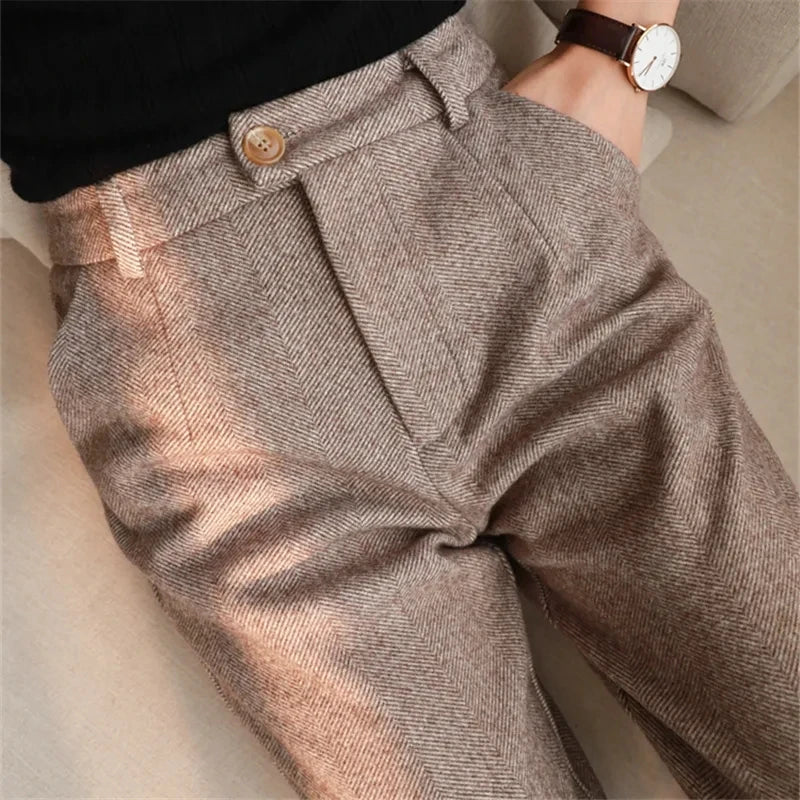 Woolen Pants Women's Harem Pencil Pants 2026 Autumn Winter High Waisted Casual Suit Pants Office Lady Women Trousers - Matrix-studios.com