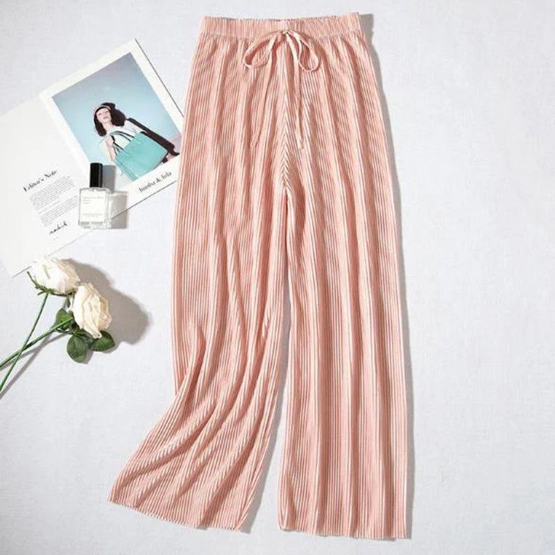 2025 Women's Pleated Loose Ice Silk Korean Casual Cropped Pants Wide Leg Trouse Home Classic Sports Wear Girls Clothes Black Top - Matrix-studios.com
