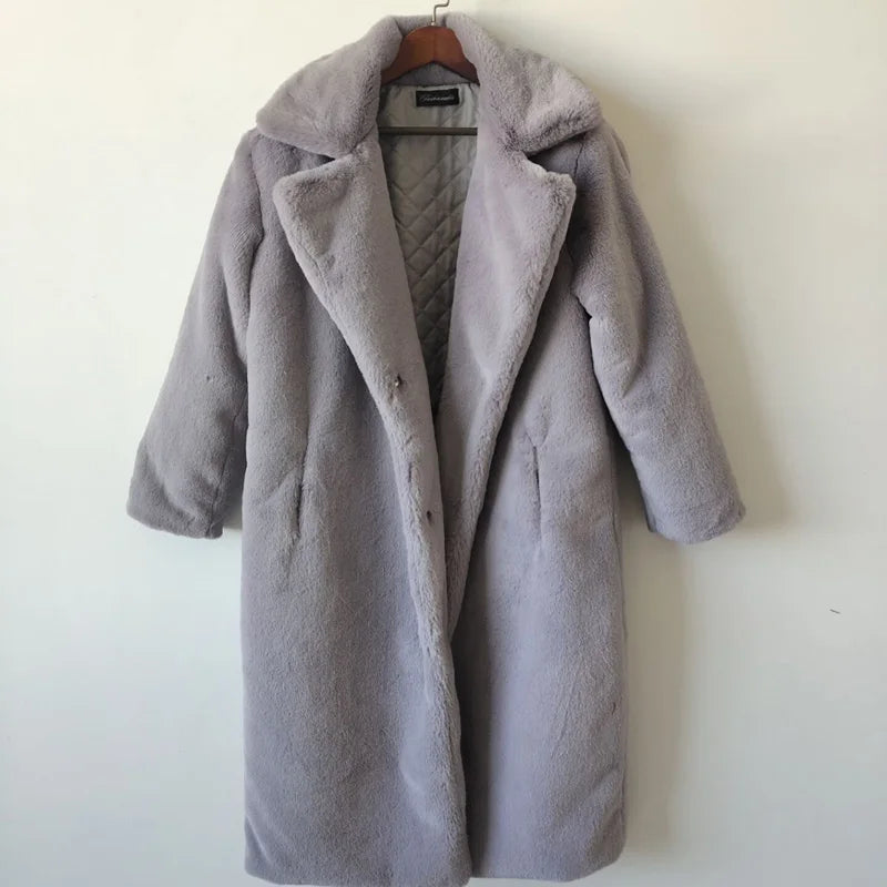 Winter Women High Quality Faux Rabbit Fur Coat Luxury Long Fur Coat Loose Lapel OverCoat Thick Warm Plus Size Female Plush Coats - Matrix Studios