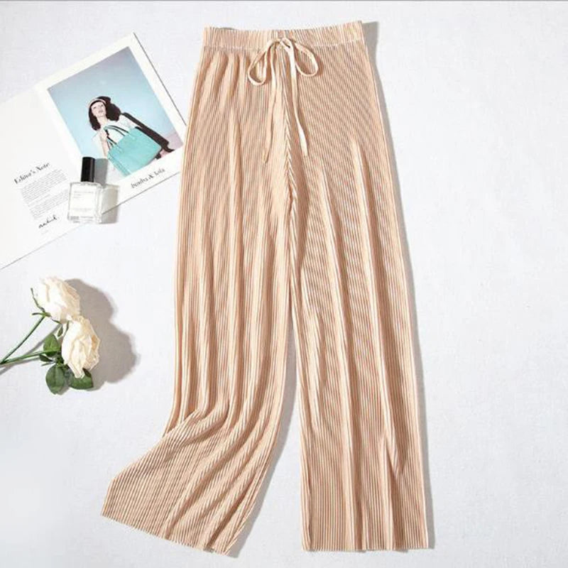 2025 Women's Pleated Loose Ice Silk Korean Casual Cropped Pants Wide Leg Trouse Home Classic Sports Wear Girls Clothes Black Top - Matrix-studios.com
