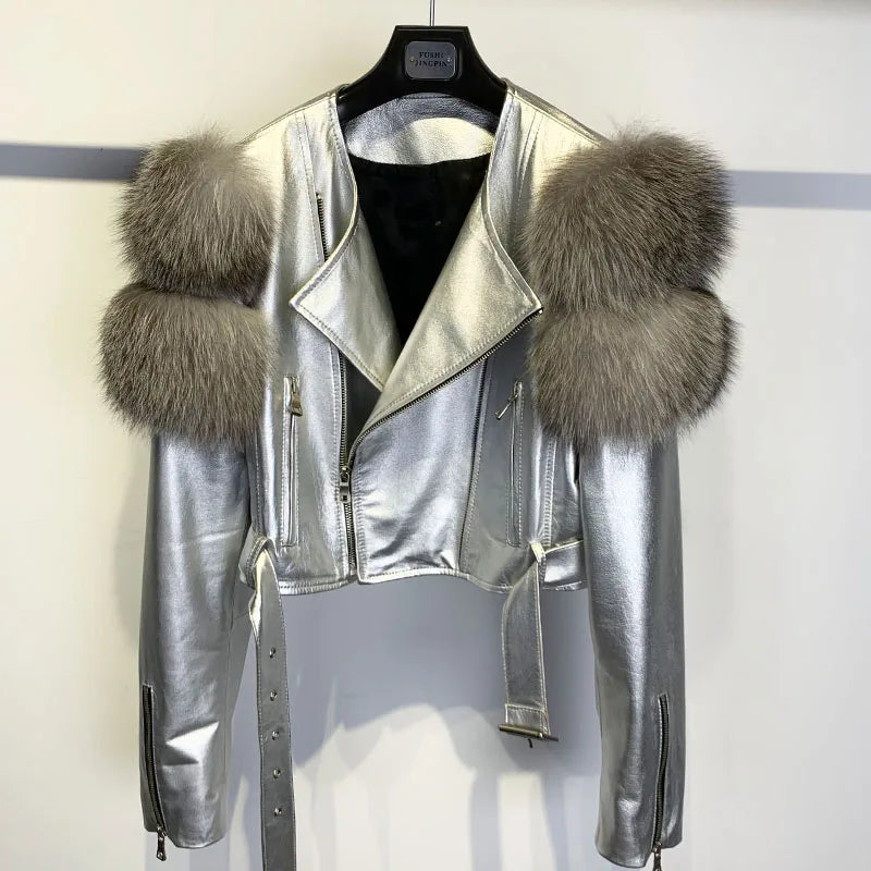 GO BALLISTIC YA Ladies' Genuine Leather Jacket with Fur Sleeve Women's Natural Lambskin Outfit - Matrix Studios