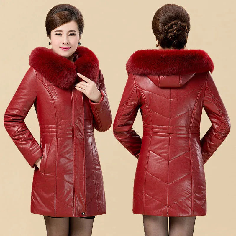 Middle aged Women's Leather Jacket Winter New Thicken Warm Slim Big Fur Collar Mid-length Leather Coat Female Outerwear 6XL - Matrix Studios