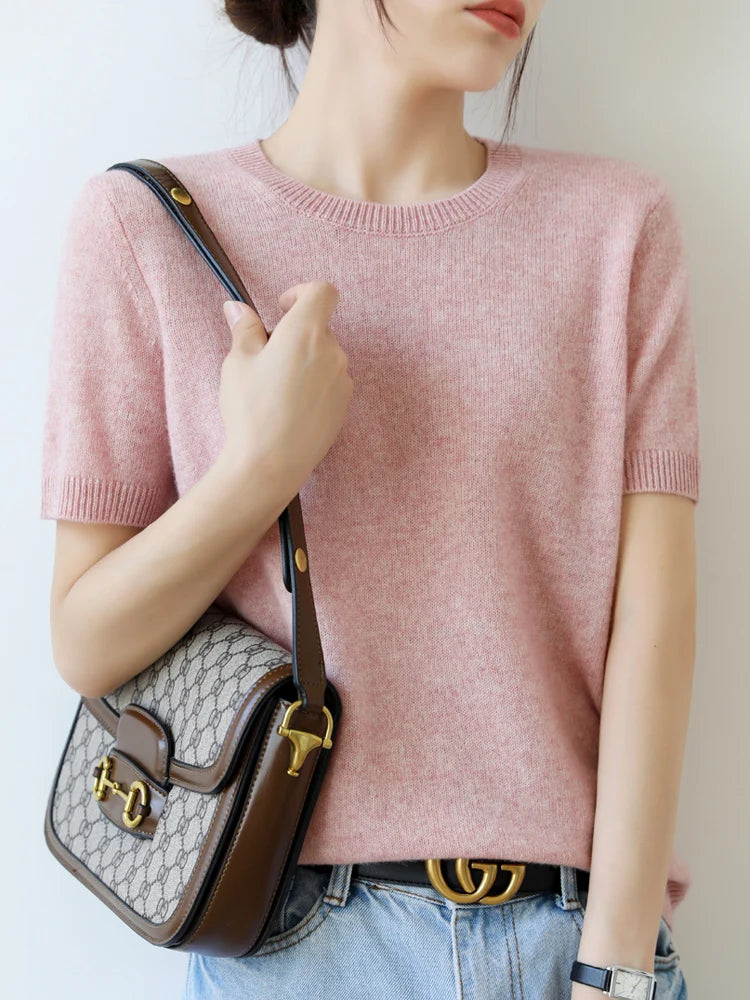 New Short-sleeved Knitwear Women O-neck T-shirt Wool Cotton Blend Pullover Vest Sprig Summer Bottoming Tops Sweater Solid Soft - Matrix Studios