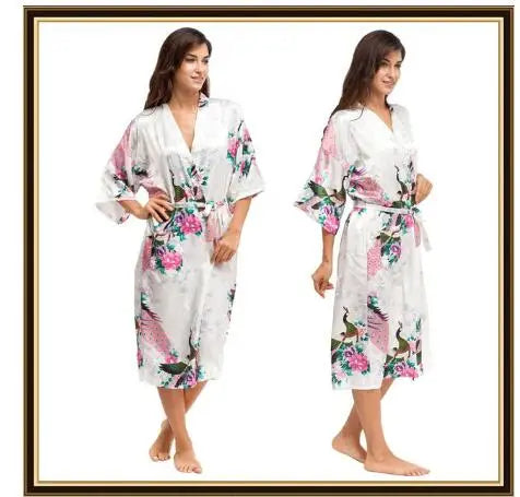 Half Sleeve Loose Style Woman Japanese Kimono Satin Silk Sleepwear Pajamas Peacock Spa Yukata Bathing Robe Lady's Long Dress - Matrix-studios.com