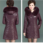 Middle aged Women's Leather Jacket Winter New Thicken Warm Slim Big Fur Collar Mid-length Leather Coat Female Outerwear 6XL - Matrix Studios