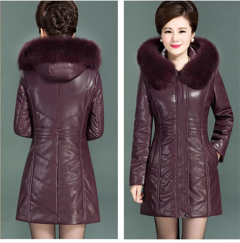 Middle aged Women's Leather Jacket Winter New Thicken Warm Slim Big Fur Collar Mid-length Leather Coat Female Outerwear 6XL - Matrix Studios