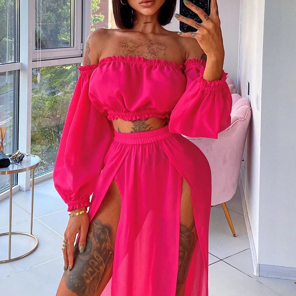 NEW Women Beach 2pcs Bikini Cover-Ups Swimsuit Off Shoulder Top+High Waist Dresss Sexy Ladies Swimming Cover Up Bathing Suit - Matrix Studios