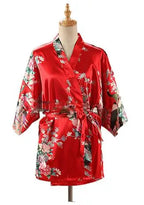 Lace Up Woman Peacock Print Japanese Kimono Yukata Silk Satin Short Style Sleepwear Home Nightgown Bath Robe Costume - Matrix-studios.com