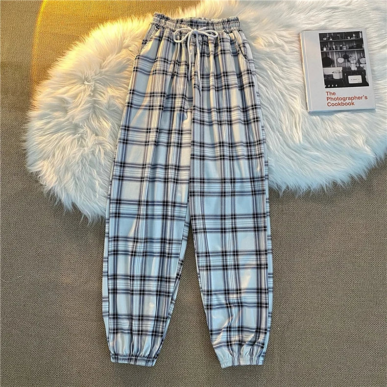 Pants Women New Bunch of feet Fashion Loose Black Plaid Summer Harajuku Students Streetwear Harem Long Trousers Womens Chic - Matrix-studios.com