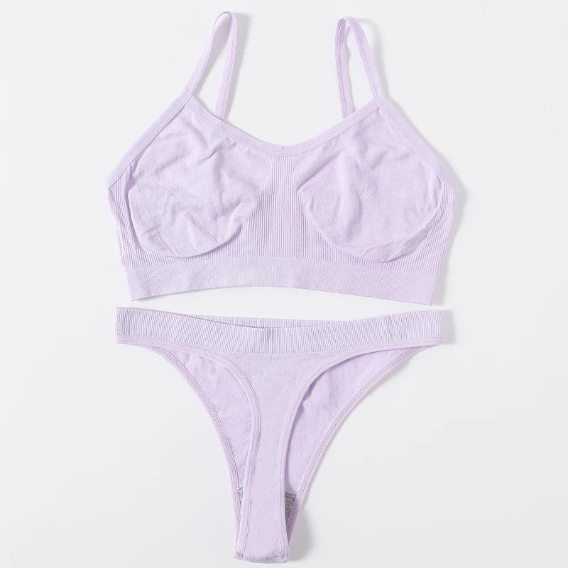 Women Seamless Bra And Panties Set Wire Free Bralette High Leg Cut Thongs Comfort Ribbed Unlined Underwear Sexy Lingerie Set - Matrix-studios.com
