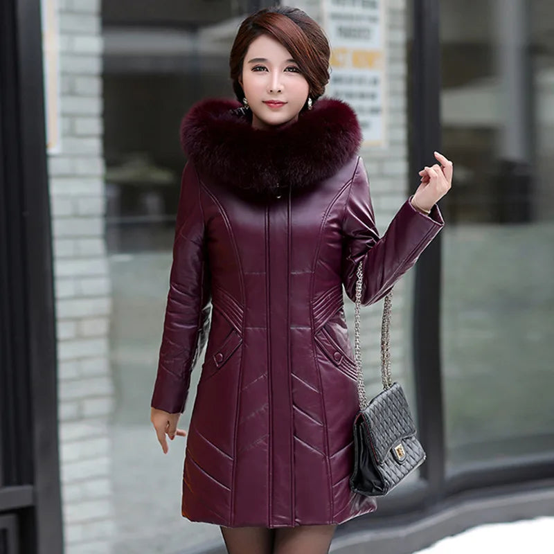 L-8XL Women Leather Coat Winter 2026 Fashion Mother Jacket Thicken Warm Outerwear Fur Collar Hooded Sheepskin Overcoat Female - Matrix Studios
