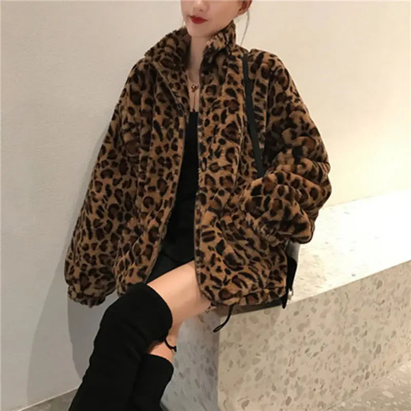 Winter Leopard Print Jacket Women's Stand collar Warm Parkas Outwear 2026 New Autumn Winter Korean Female Loose Faux Fur Coats - Matrix Studios