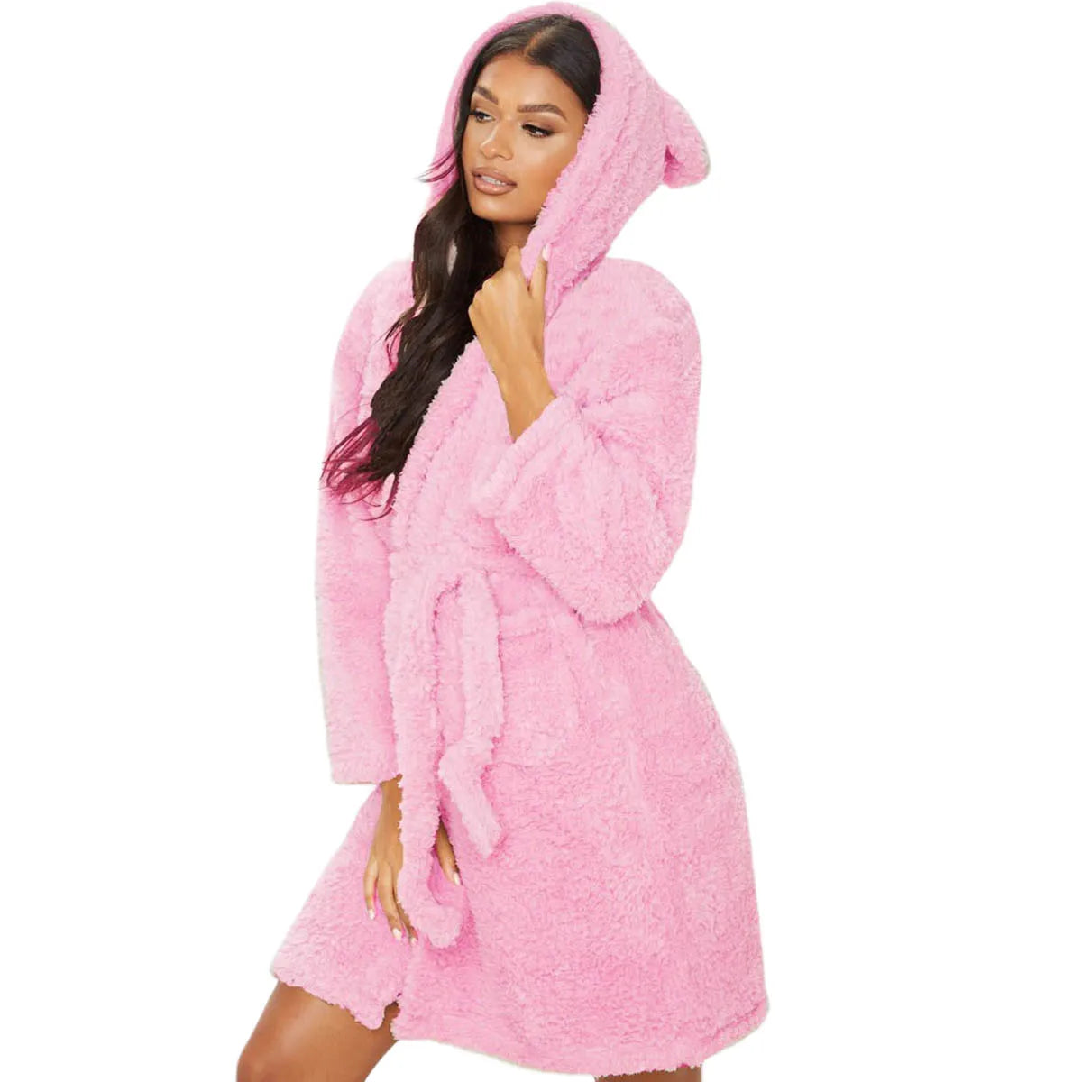 Winter Warm Casual Robes Woman Ear Hooded Bathrobe Plush Robe V Neck Long Sleeve Shawl Kimono Warm Bath Robes Coat - Matrix-studios.com