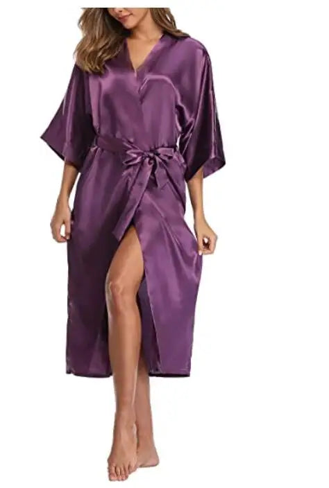 Plus Size S-XXXL Rayon Bathrobe Womens Kimono Satin Long Robe Sexy Lingerie Classic Nightgown Sleepwear with Belt - Matrix-studios.com