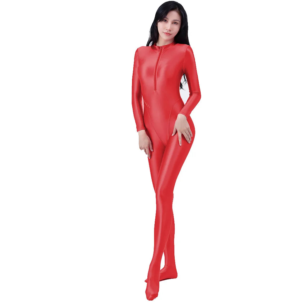 AMORESY Women's Shiny Oil Tights Full-Length Catsuit Front Zipper Yoga Zentai Playsuit Sexy Smooth Casual Jumpsuit - Matrix Studios