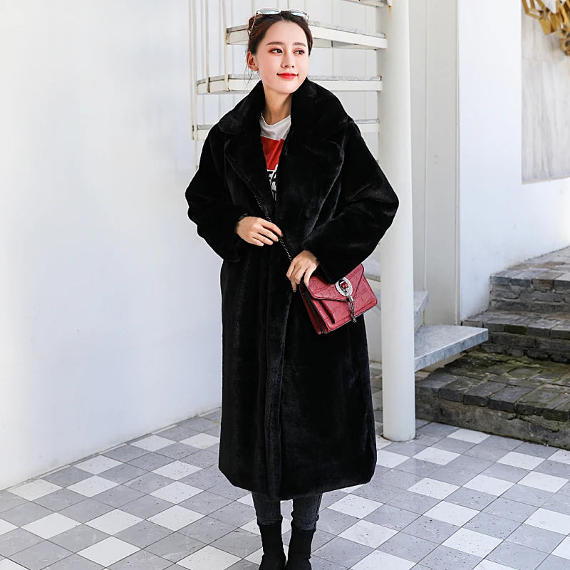 Winter Women High Quality Faux Rabbit Fur Coat Luxury Long Fur Coat Loose Lapel OverCoat Thick Warm Plus Size Female Plush Coats - Matrix Studios