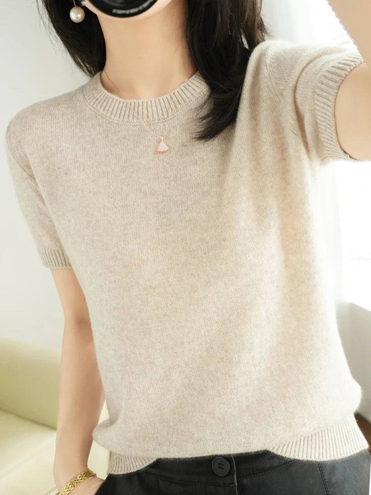 New Short-sleeved Knitwear Women O-neck T-shirt Wool Cotton Blend Pullover Vest Sprig Summer Bottoming Tops Sweater Solid Soft - Matrix Studios
