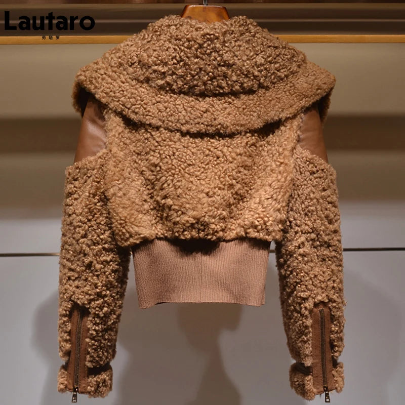 Lautaro Winter Warm Thick Patchwork Faux Fur Coat Women Long Sleeve Zipper Turndown Collar Stylish Fluffy Jacket Fashion 2021 - Matrix Studios