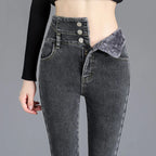 Thermal Winter Thick Fleece High-waist Warm Skinny Jeans Thick Women Stretch Button Pencil Pants Mom Casual Velvet Jeans - Matrix-studios.com