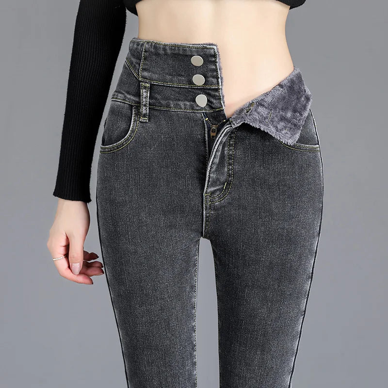 Thermal Winter Thick Fleece High-waist Warm Skinny Jeans Thick Women Stretch Button Pencil Pants Mom Casual Velvet Jeans - Matrix-studios.com