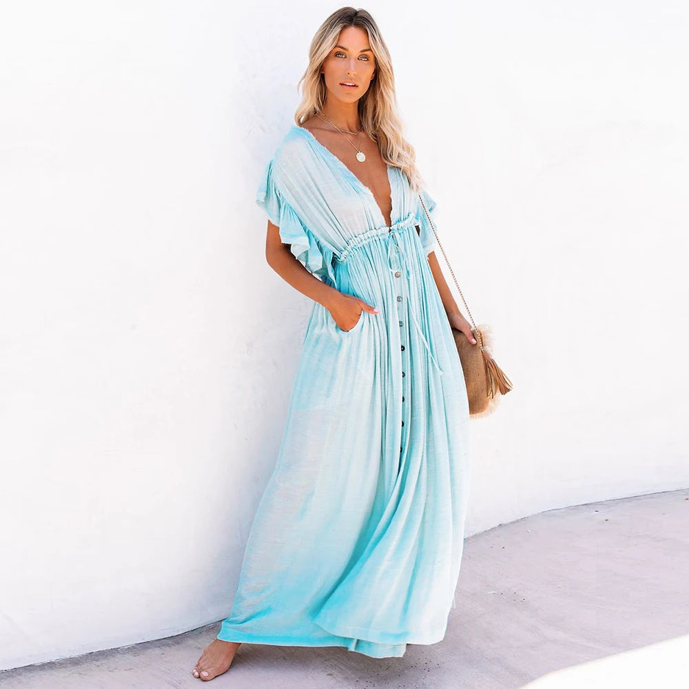 Leaves Print Bikini Beach Cover up Tunics for Beach Long Kaftan Bikini Cover up Robe de Plage Sarong Beach Swimsuit cover-ups - Matrix Studios