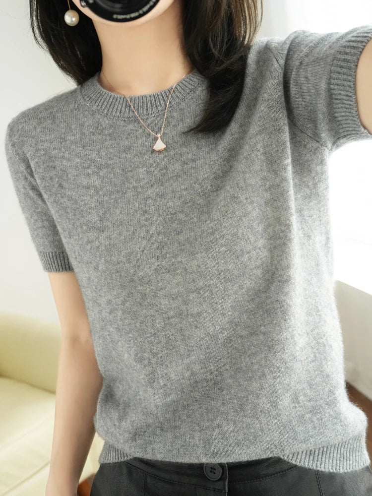 New Short-sleeved Knitwear Women O-neck T-shirt Wool Cotton Blend Pullover Vest Sprig Summer Bottoming Tops Sweater Solid Soft - Matrix Studios