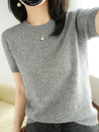 New Short-sleeved Knitwear Women O-neck T-shirt Wool Cotton Blend Pullover Vest Sprig Summer Bottoming Tops Sweater Solid Soft - Matrix Studios