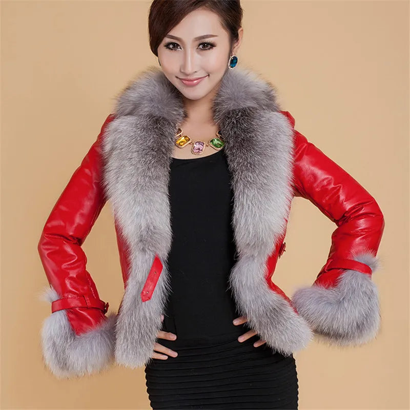 New Winter Leather Jacket Women Coat Faux Fox Fur Collar Short Coat PU Leather Female Jacket Elegant Motorcycle Zipper Outerwear - Matrix Studios