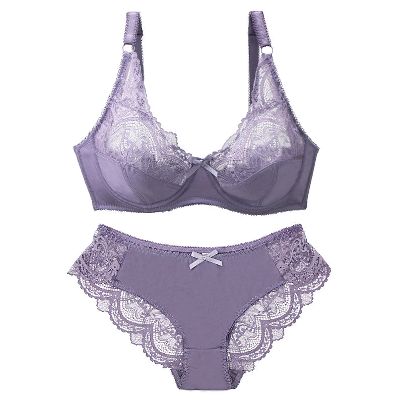 Sexy Lace Plus Size Female Lingerie Transparent Thin Thick BCDE Cup Bra Sets Breathable Women Underwear Panties Briefs - Matrix-studios.com